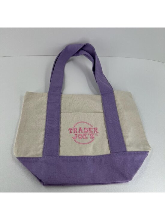 Trader Joes Handbags - Trader Joes Mini Pastel Canvas Tote Bag Shopper Handbag Pocket Logo Purple Beige